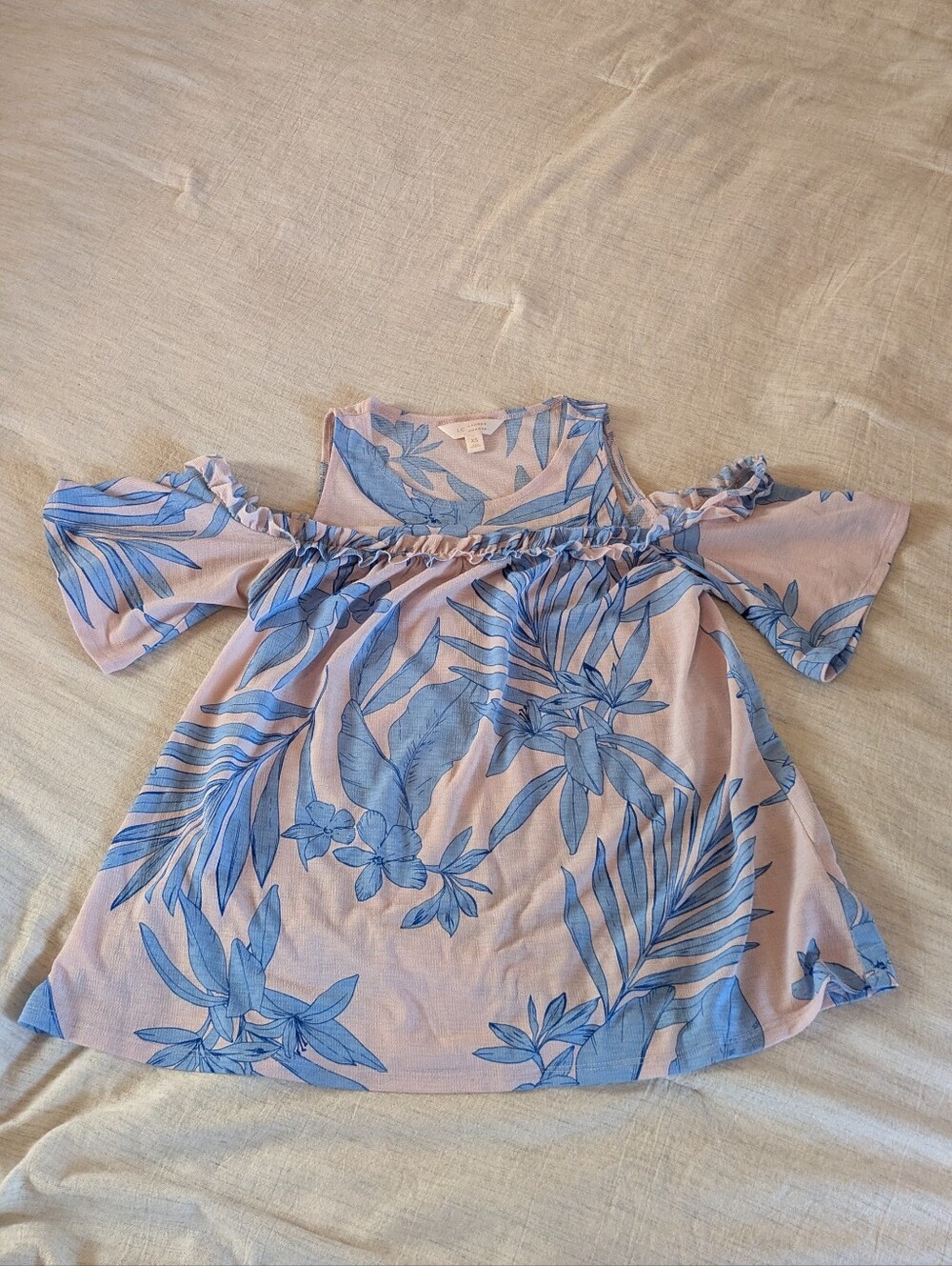 Pink Cold-Shoulder Top with Blue Floral Print